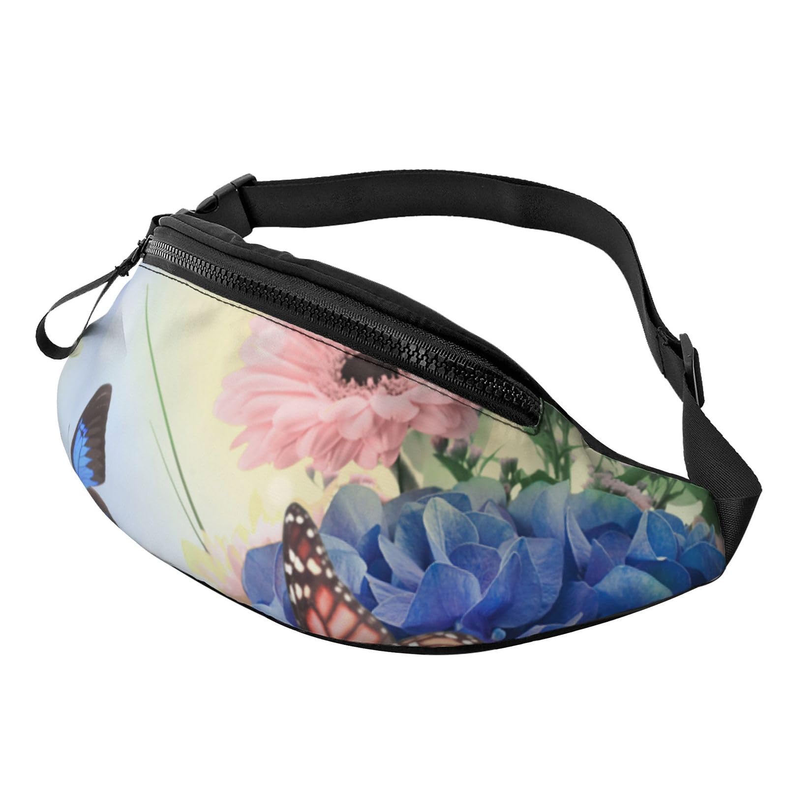 HSJFS Sporttasche mit Weltkarten-Aufdruck, Umhängetasche, lässige Brusttasche, Blauer Schmetterling und Blumen, Einheitsgröße