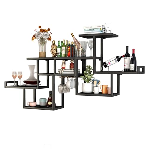 HSJFS Metall Wein Rack Wand Befestigte Bar Regale Mit Hängendem Wein Glas Rack Mini Bar Liquor Schrank Bar Flasche Display Regal Floating Bar Whiregal Küche Regale Für Bar Wohnzimmer Restaurant (Farbe