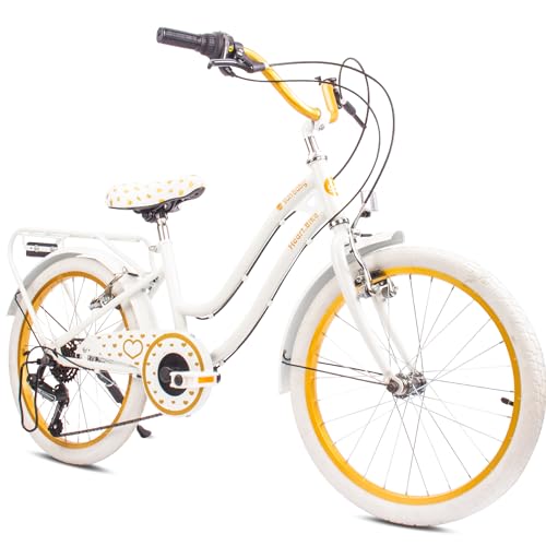 sun baby Mädchenfahrrad 20 Zoll Radgröße Heart Bike zur Auswahl 6 Gang Shimano Kinderfahrrad Kinderrad für Mädchen von 6 bis 10 Jahre verstellbare (Weißgold, 20 Zoll)