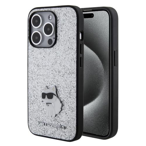 Karl Lagerfeld KLHCP15LGCNPSG Hülle für iPhone 15 Pro 6.1" Silber hardcase Fixed Glitter Choupette Logo Metal Pin