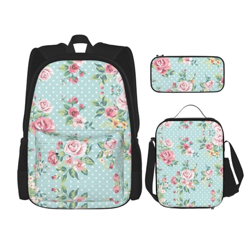 WURTON Rucksack-Set mit rosa Rosen und Blumen, verstellbare Schultergurte, Lunch-Tasche, Federmäppchen, Kombinationstaschen-Set