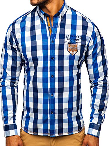 BOLF Herren Hemd Langarm Button-Down Kragen Slim Fit Streifen Muster Casual Style 1766-1 Blau S [2B2]