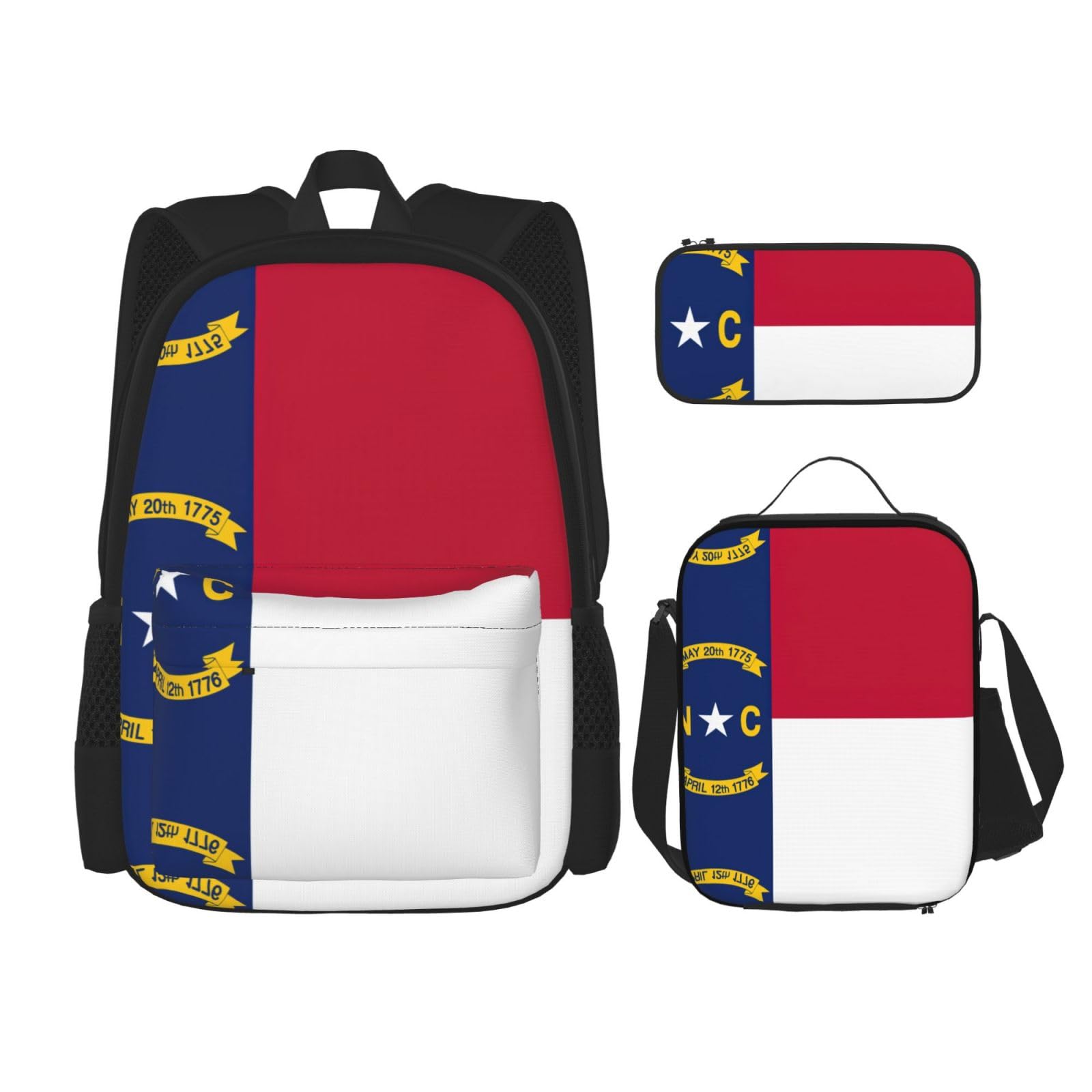 WURTON 3-in-1 Büchertaschen-Set, verstellbarer Schulter-Rucksack, Lunch-Tasche, Federmäppchen, Etui mit ukrainischer Flagge, Flagge des Bundesstaates North Carolina, Einheitsgröße