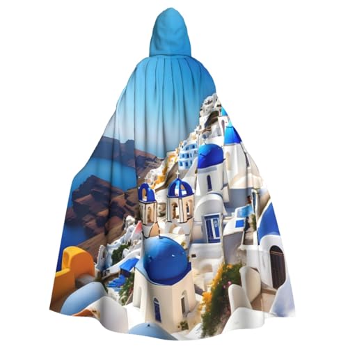 WURTON Santorini Griechische Insel mit Meerblick-Druck, Halloween-Kapuzenumhang für Damen und Herren, Karneval, Mottoparty-Dekorationen