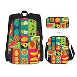 WURTON Trendiger Rucksack mit Obstdruck, Lunchbox, Federmäppchen, 3-in-1, verstellbares Rucksack-Set, Schwarz , Einheitsgröße