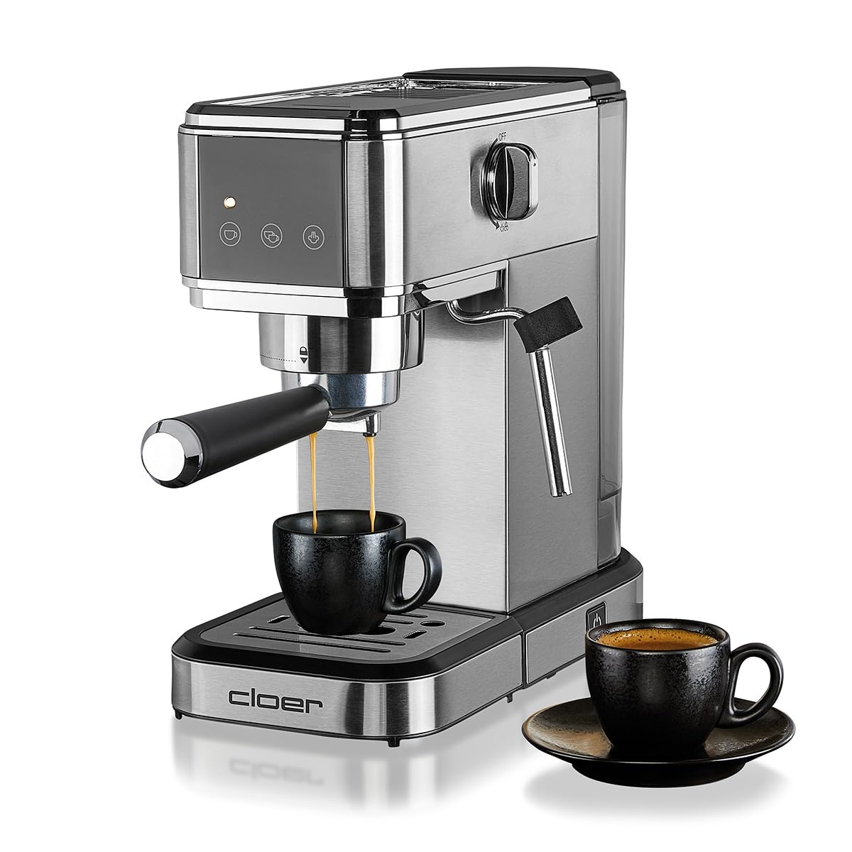 Cloer 5829 Espresso Siebträgermaschine, Espressomaschine mit Aufschäumer, 20 Bar Pumpe, schmales Design,1-2 Tassen Espresso, Cappuccino,Latte Macchiato,Sicherheitsabschaltung,1 Liter Wassertank,1350W