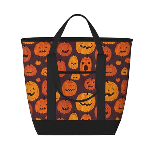 YQxwJL Halloween-Kürbis-Motiv, große Kapazität, isolierte Lunchtasche, wiederverwendbare Einkaufstasche mit Reißverschluss, für Damen und Herren