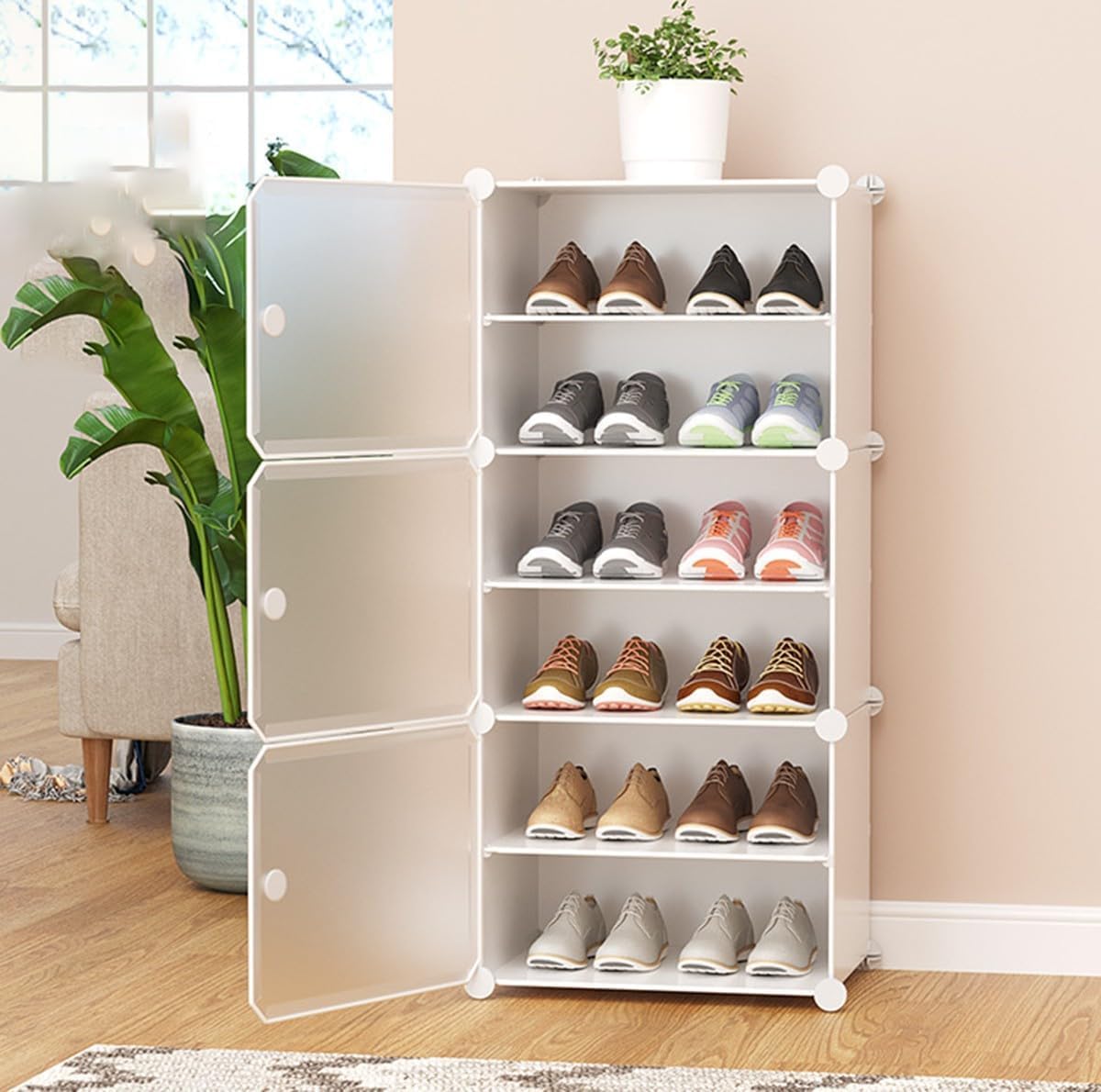 Schuhschrank-Organizer, multifunktionales modulares würfelförmiges Schuhregal mit Seitentür, für Flur, Schlafzimmer, Eingangsbereich, Wohnzimmer für alle Arten von Schuhen, abnehmbare Trennw