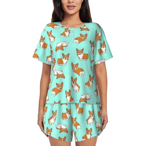 WURTON Corgi niedlicher Hunde-Pyjama für Damen, Strick-Lounge-Set, Flügelärmel, Oberteil und Shorts, Loungewear, Nachtwäsche mit Taschen, Schwarz, M