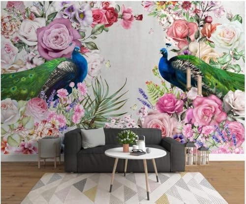 Bunte Blumen Pfau 3D Tapete Poster Restaurant Schlafzimmer Wohnzimmer Sofa TV Dekorative Wand-430cm×300cm