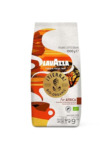 Lavazza, Tierra For Africa, 100% Bio Kaffeebohnen, Ideal für Espressomaschinen, Kräftiger und Vollmundiger Geschmack, Intensität 9/10, Aromen von Nüssen, Mittlere Röstung, 1 kg Packung