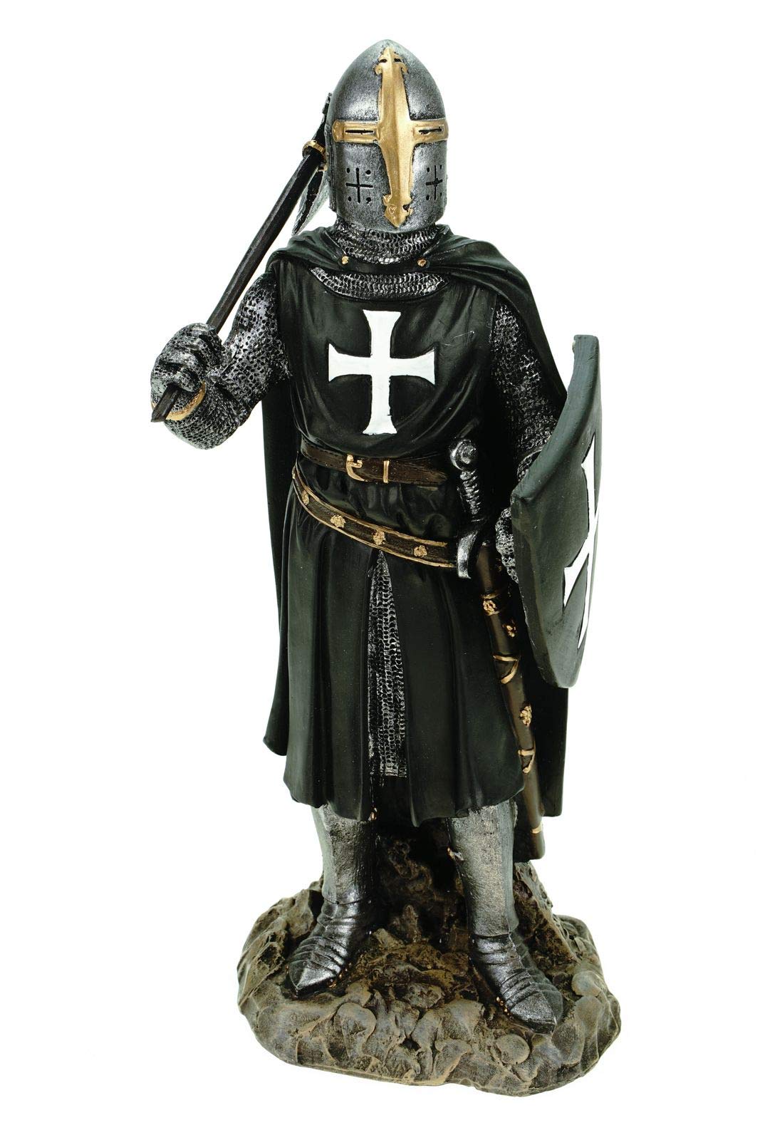 Vogler 766-5424 Kreuzritter in schwarzer Rüstung mit Schild und Axt 32 cm Figur Deko Skulptur