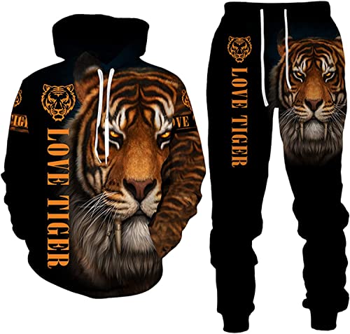 RIAAJ Herren Lion Tiger Colour Jogging Anzug Trainingsanzug Sportanzug Fitness Sporthose Hose Hoodie (Tiger,L)