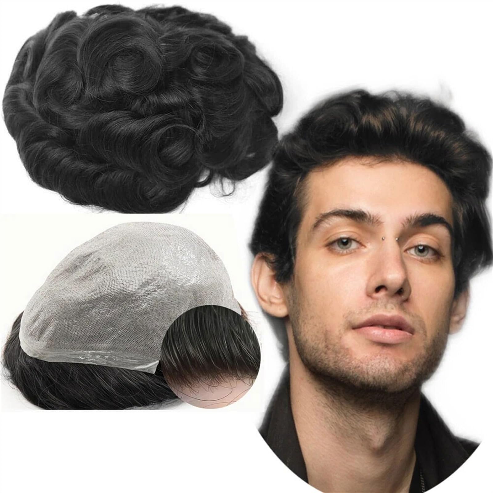 Perücke Männer Europäisches Echthaar-Toupet for Männer, 8 x 10 gewellte Stücke, Ersatz-Haarteil-Prothese, PU-Hautsystem Toupet für Herren(Black add Grey)