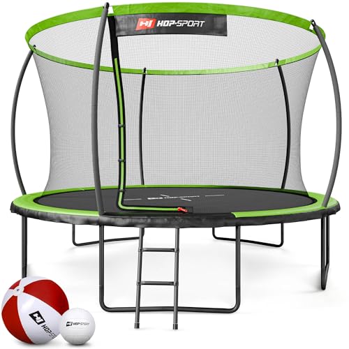 Hop-Sport Trampolin Outdoor Ø 305/366/427/488 cm - Trampolin mit innovativen, gebogenen Netzstangen, Sicherheitszertifikaten und Sicherheitsnetz (Grün/Schwarz, 366 cm)