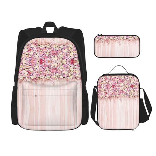 WURTON Schulrucksack-Set mit rosa Rosenmuster, mit Lunchtasche, Federmäppchen, Kombination, Schultaschen-Set