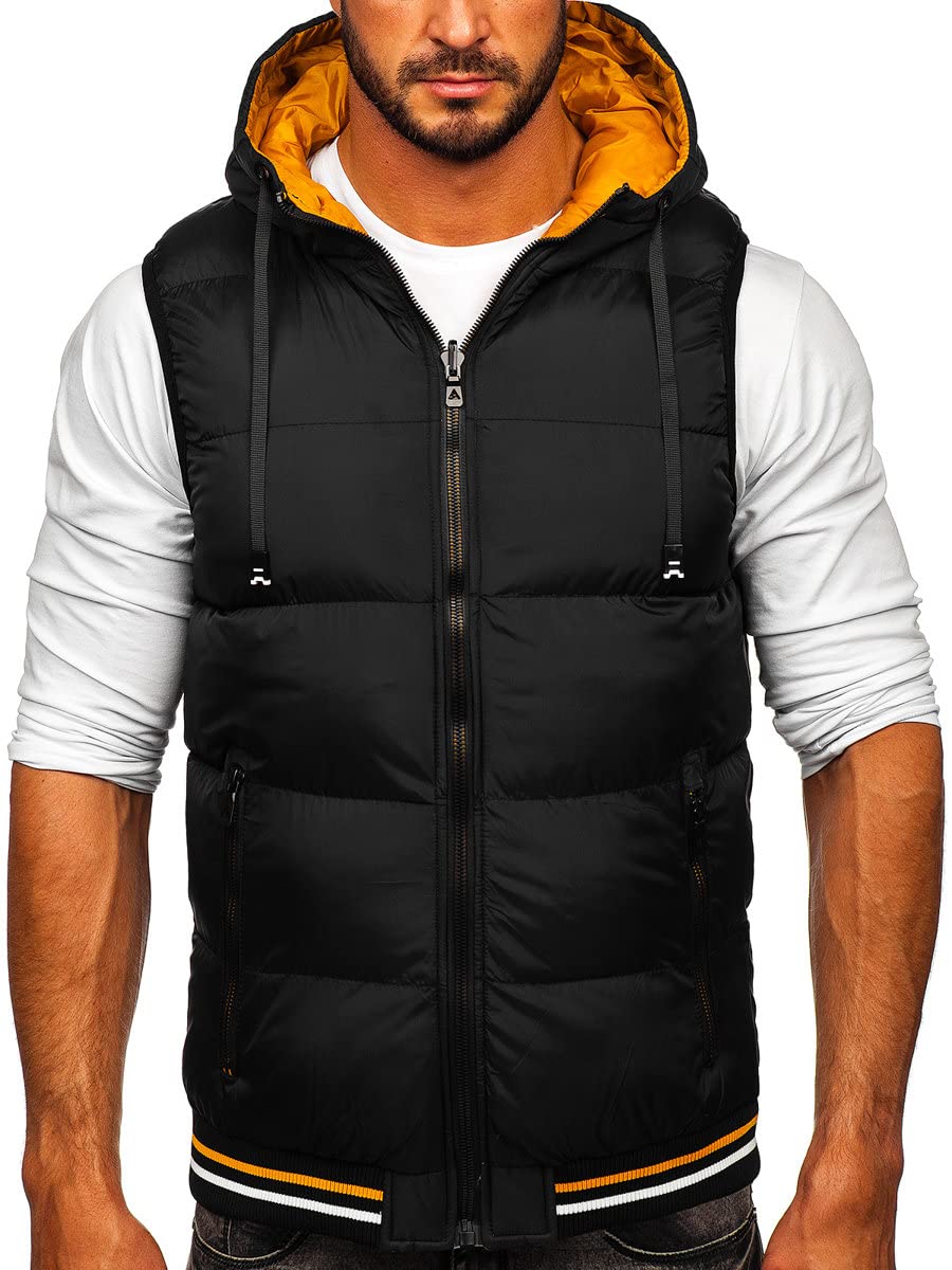 BOLF Herren Weste mit Stehkragen Steppweste Bodywarmer Daunenweste Reißverschluss Ärmellose Sportweste Zip Wärme Freizeit Outdoor Style 7127 Schwarz-Camel S [1U1]