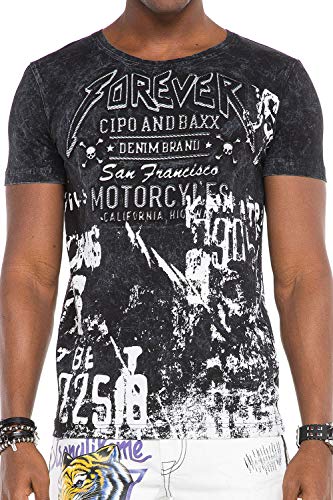 Cipo & Baxx Herren T-Shirt Slim Fit Vintage T-Shirt Freizeit Kurzarm Biker Style Rundhalsausschnitt Shirt mit Allover-Print CT506 Schwarz M