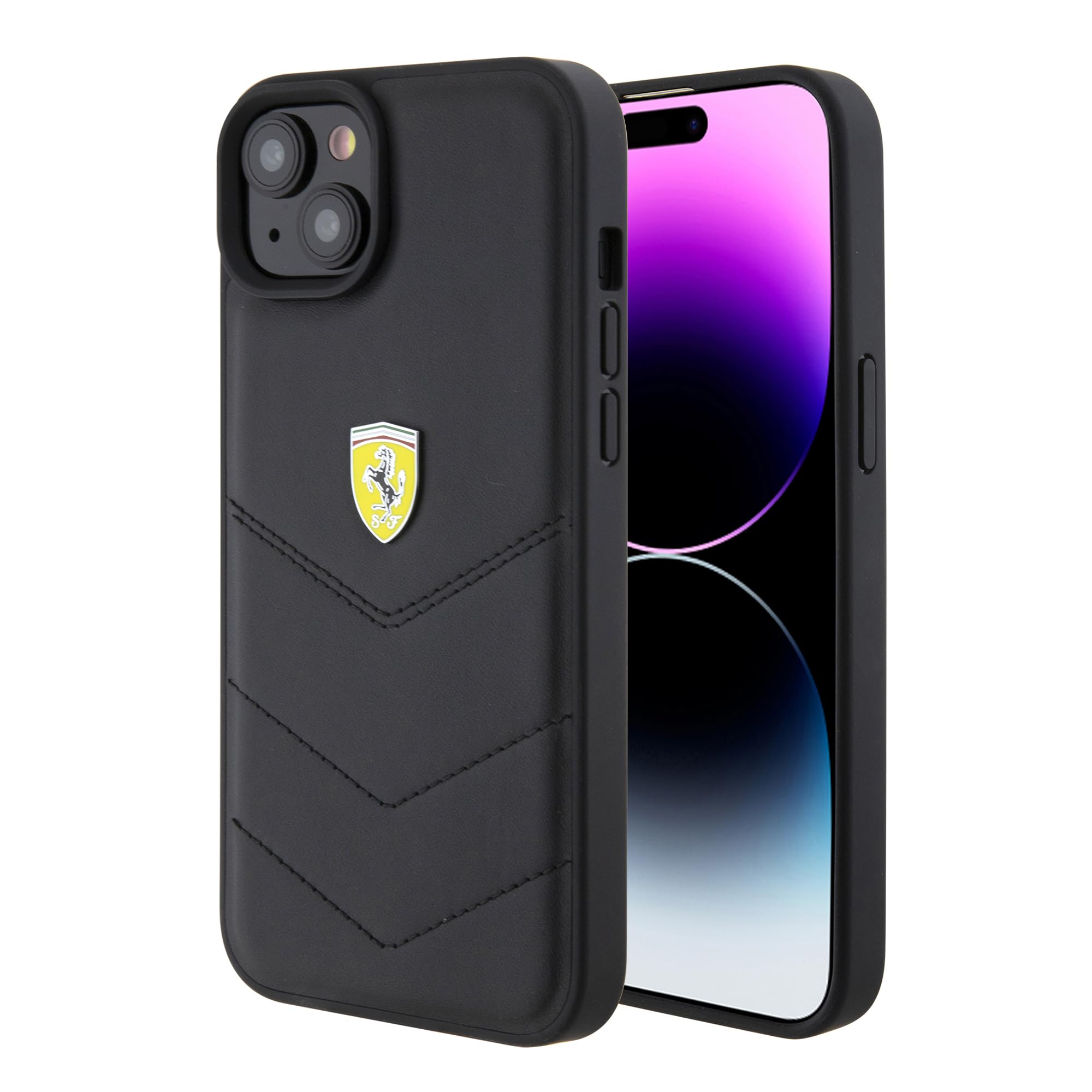 CG MOBILE Ferrari Handyhülle kompatibel mit iPhone 15 Plus in Schwarz mit genähten Linien, Echtleder-Schutzhülle & strapazierfähige Hülle mit einfachem Snap-on, Stoßdämpfung und Signatur-Logo