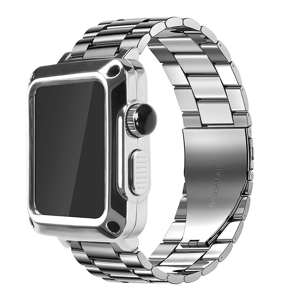 KANUZ Armband und Hülle für Apple Watch, 40 mm, 38 mm, 44 mm, 42 mm, sturzfestes Edelstahlarmband für Apple Watch 8, 7, 6, SE, 5, 4, 3, 2, Serie (Farbe: Weiß, Größe: 44 mm)