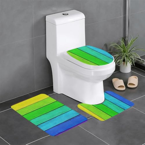 Wurton Badezimmerteppich-Set mit Regenbogenfarben-Holzhintergrund, Polyester, stilvoll, funktional, Badezimmerteppich-Set, Zubehör, 3 Stück