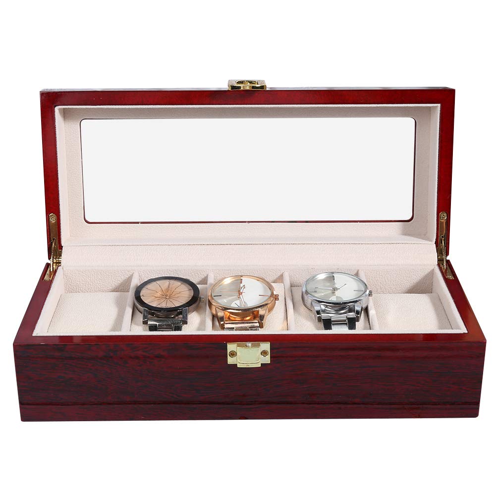 yuytee Wooden Watch Box Organizer, 5 Grid Watch Display Box Kissenbezug mit Prevent Dust Scratches Uhr Aufbewahrungsbox für Männer Damen Uhr und Schmuck