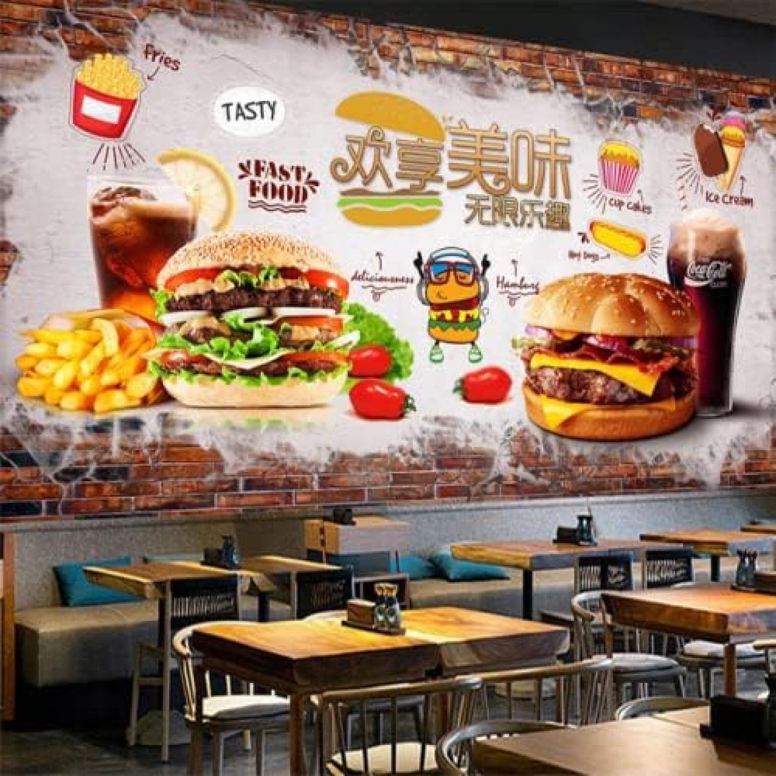 XLMING Kreative Handbemalte Backsteinmauer Leckerer Burger Fast Food Restaurant 3D Tapete Wohnzimmer Sofa Schlafzimmer Esszimmer Home Dekoration Wand-250cm×170cm