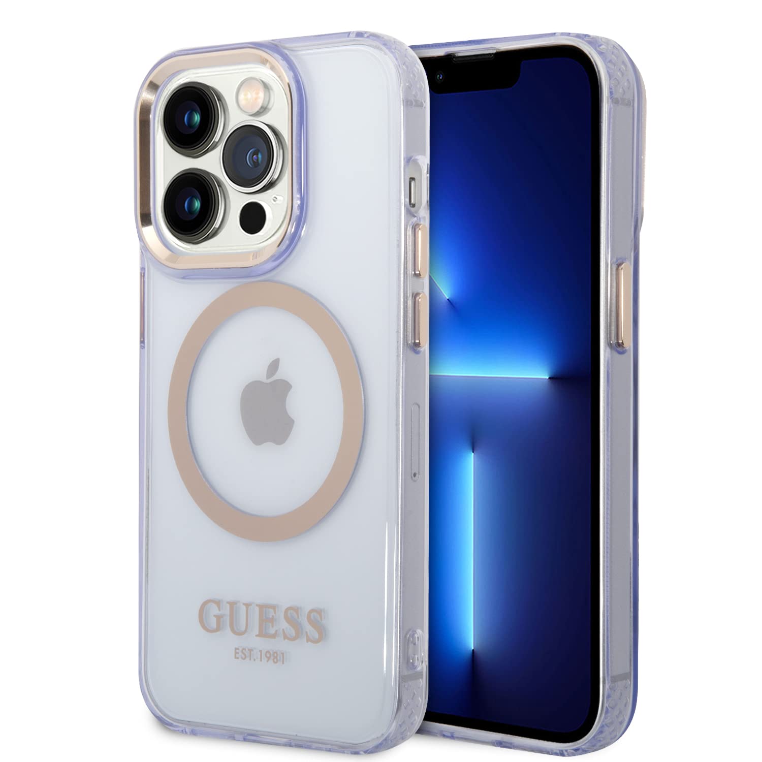 CG MOBILE Guess Kompatibel mit Magsafe Hülle Transluzent Gold Umriss, neuestes glänzendes Design, Kratzfest, beschädigungsbeständig, iPhone 14 Pro (Lila)