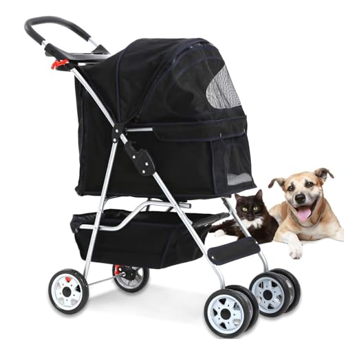 KKXXYQFC Hunde-Kinderwagen, zusammenklappbarer Reise-Haustier-Kinderwagen für kleine und mittelgroße Hunde, Katzen, Jogger-Kinderwagen mit Aufbewahrungskorb, Getränkehalter, Schwarz