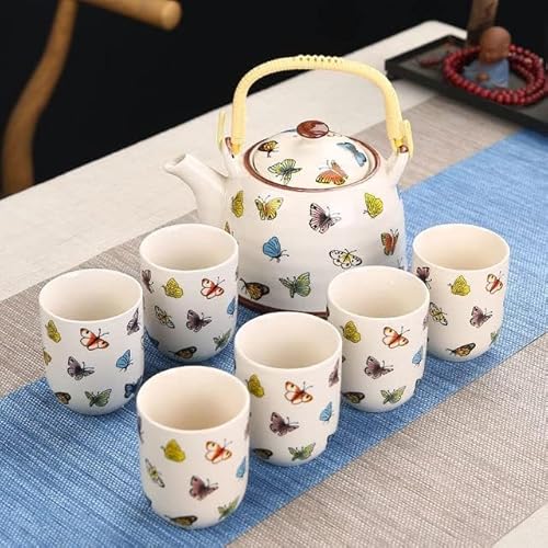 1 Kanne 6 Tassen kreatives Keramik-Tee-Set, handgefertigte Teekanne, Tasse, chinesisches Porzellan, Geschenk, GungFu, Blumen-Tee, Teegeschirr, Büro, Reisen, Teegeschirr, Schmetterling, siebe