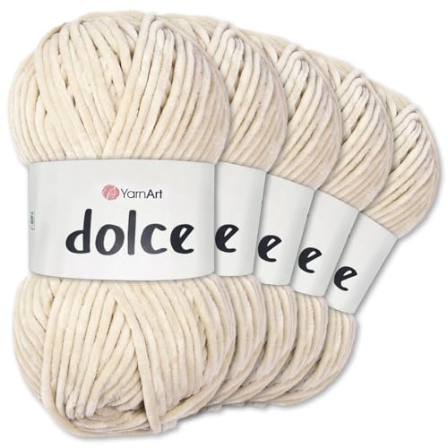 Frida's Wollhaus YarnArt 5 x 100 g Dolce Chenille Wolle Garn Stricken Häkeln Amigurumi 52 Farben (771 | Beige)