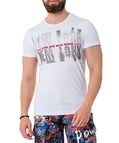 Cipo & Baxx Herren Strasssteine Print T-Shirt Kurzarm CT733 Weiß S