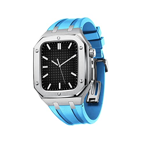 KANUZ Herren und Damen, Militär-Metallgehäuse für Apple Watch, 45 mm, 44 mm, Silikonband, stoßfest, Stoßstange, Business-Casual-Stil, Uhrenarmband für iWatch Serie 7/SE/6/5/4 (Farbe: Silber