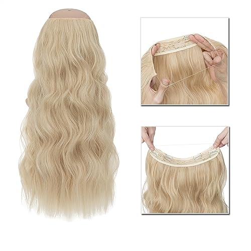 Clip-in-Haarverlängerungen Synthetische Haarverlängerungen, 50,8–61 cm, unsichtbarer Draht, künstliche Haarverlängerungen, 4 Clip, gefälschtes, falsches, langes, gewelltes Haarteil, blond, for Damen C