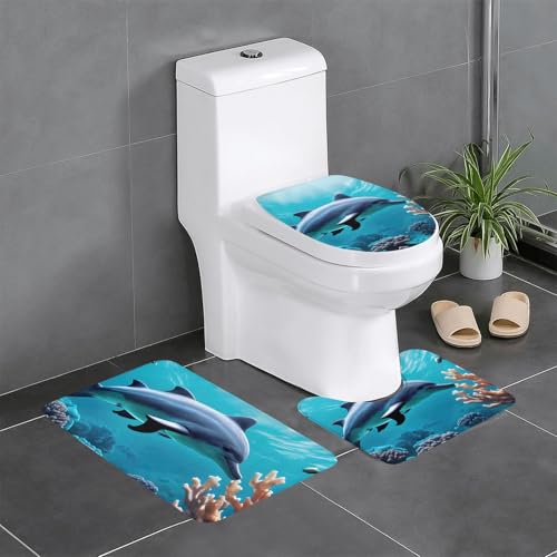 Wurton Beautiful Underwater World Delfine Coral Print Set of 3 Polyester Bathroom Rugs - Stylish Functional Bathroom Rug Set Accessories