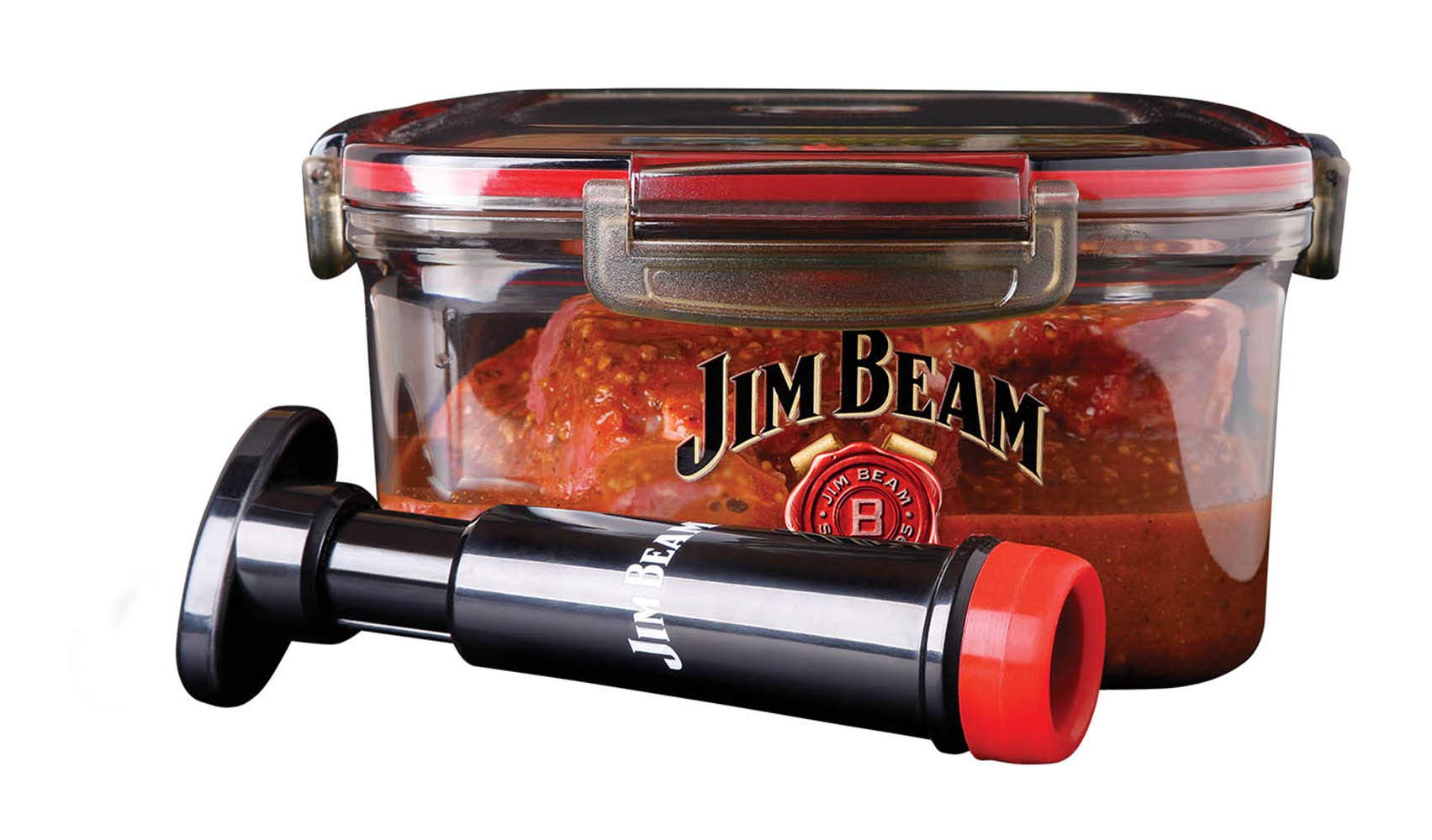 Jim Beam Vakuumversiegelte Pumpe, entfernt Luft aus der Marinadenbox, schneller Prozess, Grillen und Grillen, perfekte Marinierung von Rind, Huhn und Fisch, Standard, rot