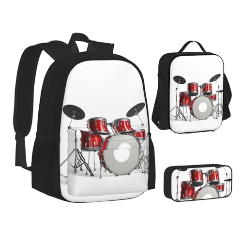 WURTON Cooles Schlagzeug-Set, bedruckt, Teenager, Büchertasche, Lunch-Tasche, Federmäppchen, 3-in-1, Schulrucksack-Set, Kinderrucksack