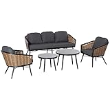 Outsunny Polyrattan Gartenmöbel Set 5-teiliges Rattensofa-Set Sitzgruppe Sitzgarnitur für Pause Lounge Teetisch mit Sofa Kissen Aluminium Natur