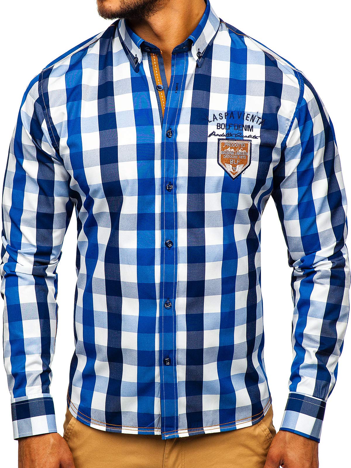 BOLF Herren Hemd Langarm Button-Down Kragen Slim Fit Streifen Muster Casual Style 1766-1 Blau S [2B2]