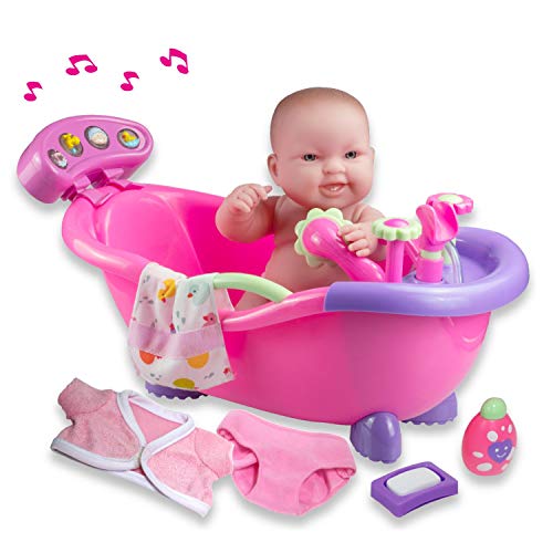 JC TOYS - Lots to Love Babies Puppe 36 cm aus weichem Vinyl, inkl. Musikbadewanne mit funktionaler Dusche und 6 Zubehörteilen, ideal zum Spielen, Rosa, entworfen von Berenguer, 2 Jahre