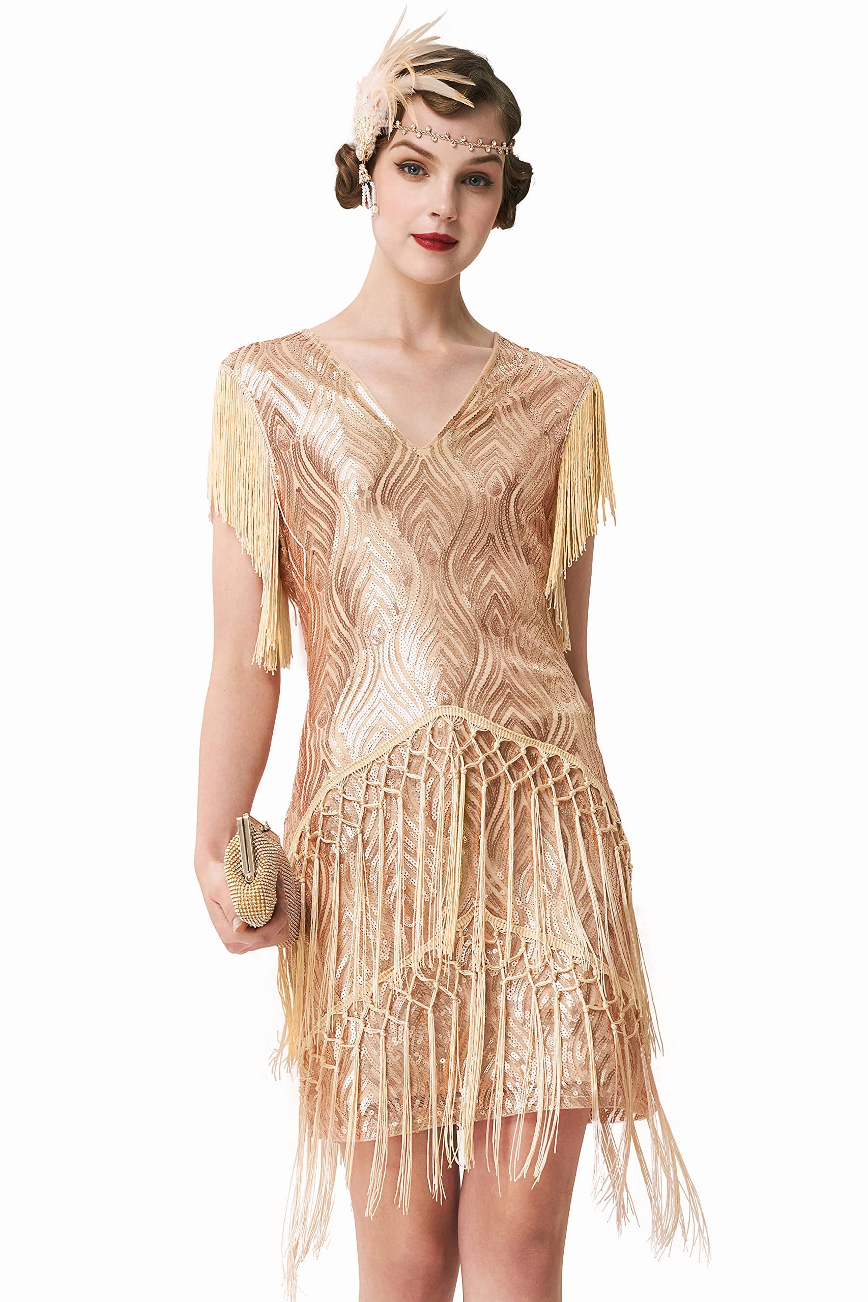 ArtiDeco 1920s Charleston Kleid Mini Damen Vintage Gatsby Kostüm Flapper 20er Jahre Cocktailkleid (Rose Gold, XL (Fits 84-88 cm Waist))