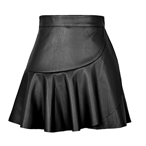 WINDEHAO Damen-Rock aus PU-Leder, hohe Taille, Rüschen, unregelmäßig, weiches Lederrock, sexy, elegant, Mädchen, PU, kurzer Rock, halber Körperrock, Schwarz , 36