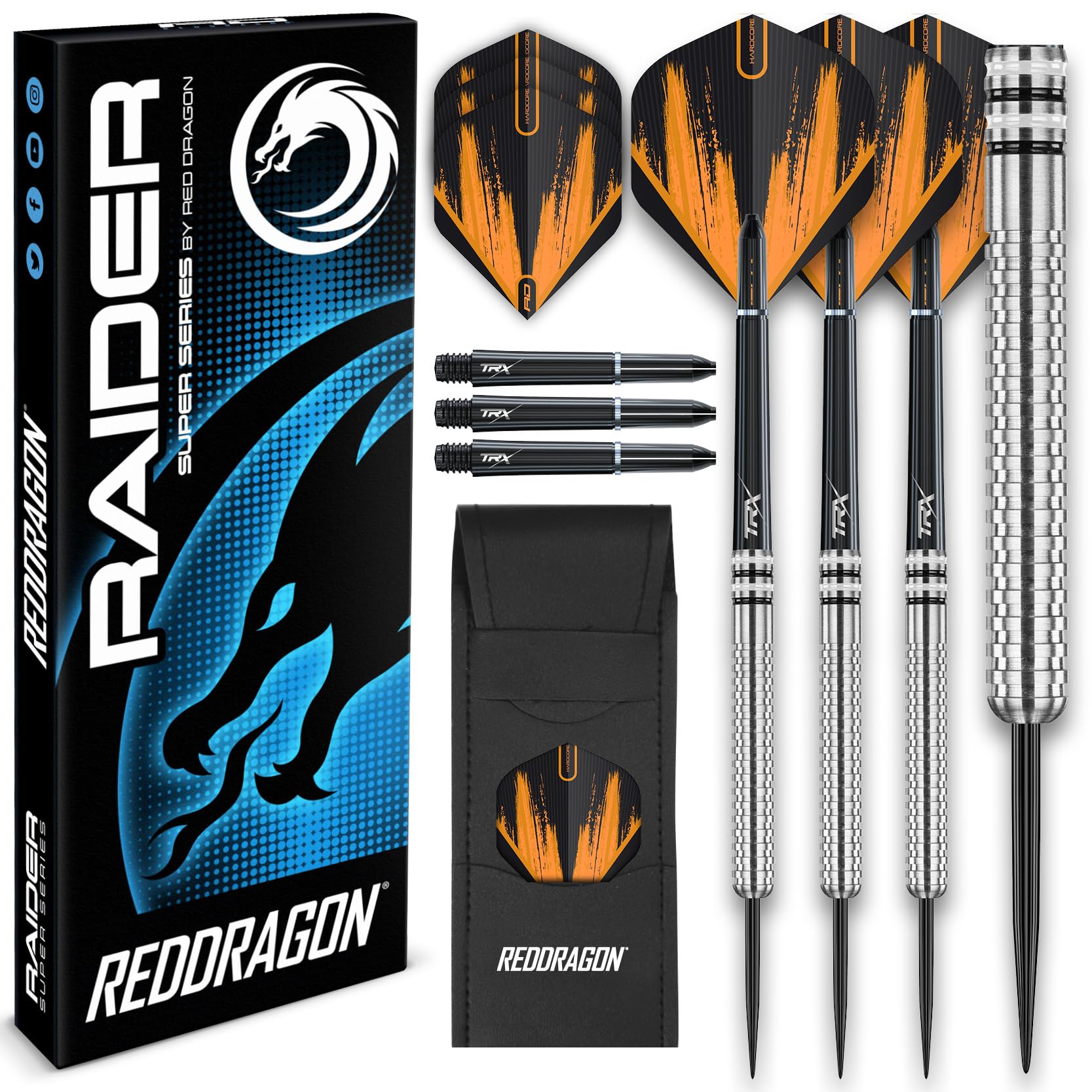 RED DRAGON Raider 1: 23 Gramm Wolframpfeil-Set mit Stahlspitze - Professionelle Dartpfeile mit Schäften (Stielen), Flügen und Checkout-Karte - Wahl der Farbe verfügbar