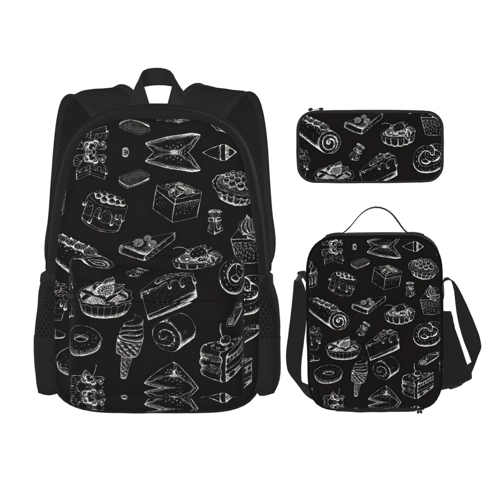 WURTON Pastries On Chalkboard Print Rucksack Mädchen Jungen Schultaschen Teenager Lunchbox und Federmäppchen 3-in-1 Büchertaschen-Set, Schwarz , Einheitsgröße