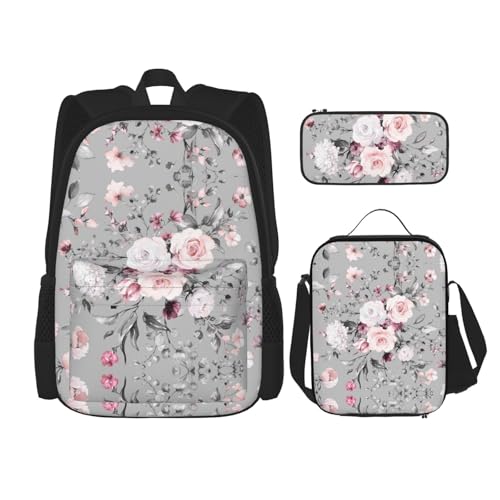 WURTON Lunchbox mit Blumenmuster, Federmäppchen, Rucksack-Set, 3-teilig, verstellbare Riemen, langlebig, leicht, Schwarz, One Size