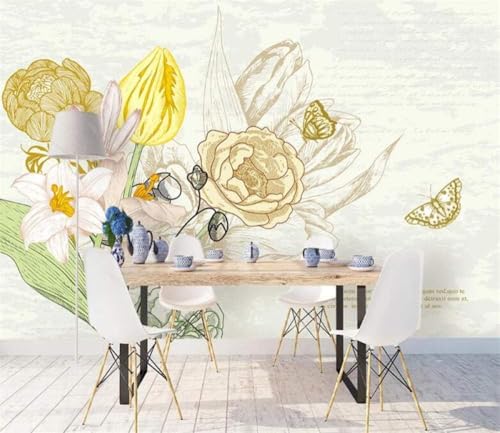 Gelbe Blumen Rosen Schmetterlinge 3D Tapete Poster Restaurant Schlafzimmer Wohnzimmer Sofa TV Dekorative Wand-350cm×256cm