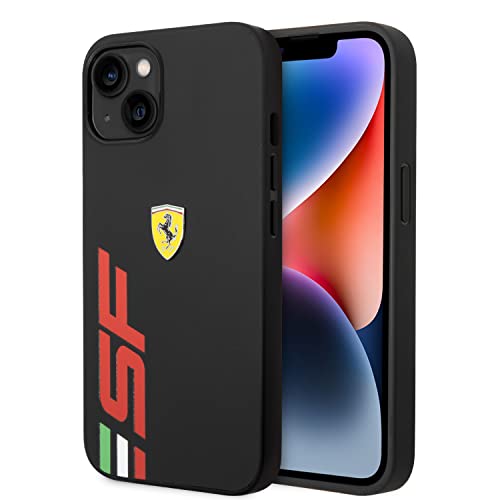 Ferrari Schutzhülle für iPhone 14 in Schwarz mit großem rotem SF-Logo, PU-Leder, strapazierfähig, kratzfest, mit einfachem Snap-On und Stoßdämpfung