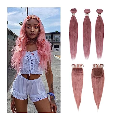 Human Hair Bundles Bundles mit Verschluss, gerade, rosafarbene Echthaar-Bündel mit Verschluss, 3 brasilianische Haarwebart-Bündel, schnell human hair weave (Color : Pink, Size : 12 14 16+10Closure)