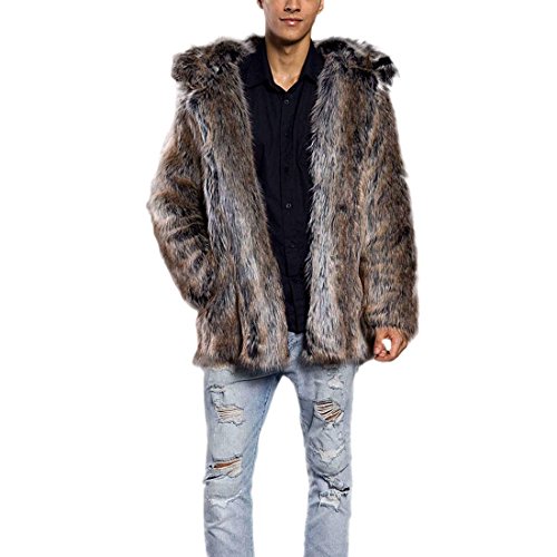 AKAUFENG Pelzmantel Mit Kapuze Kunst Felljacke Herren Leopard Muster Design Wind Coat Winterjacke Mantel Kunstpelz