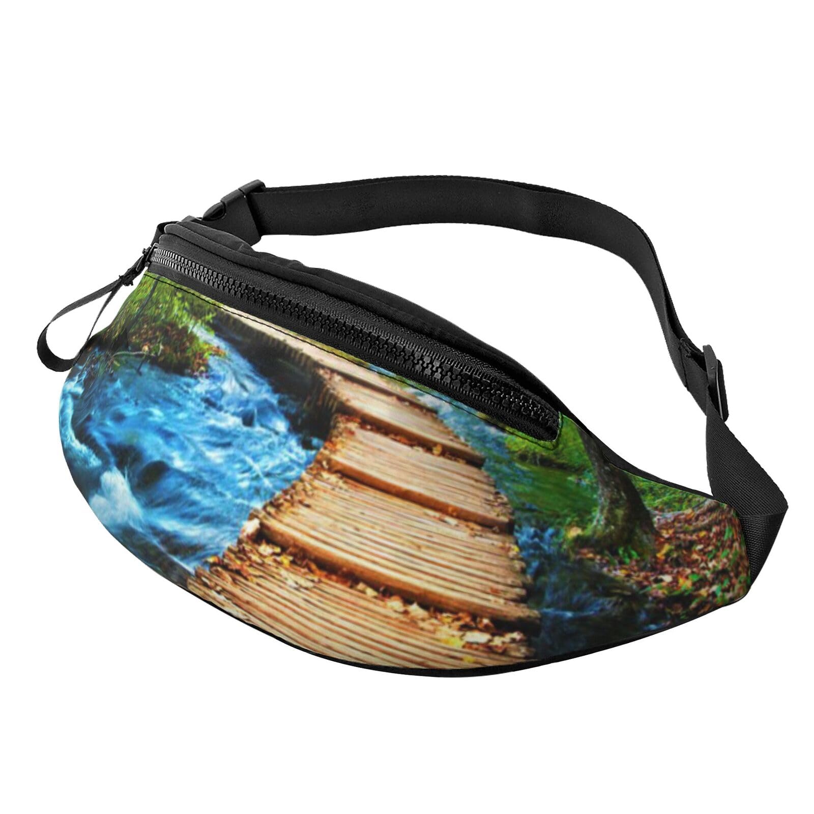 HSJFS 3D-Wand-Gürteltasche, Unterwasserwelt, Fisch-Druck, verstellbare Hüfttasche, lässige Brusttasche, Holzbrücke Bachwasser, Einheitsgröße